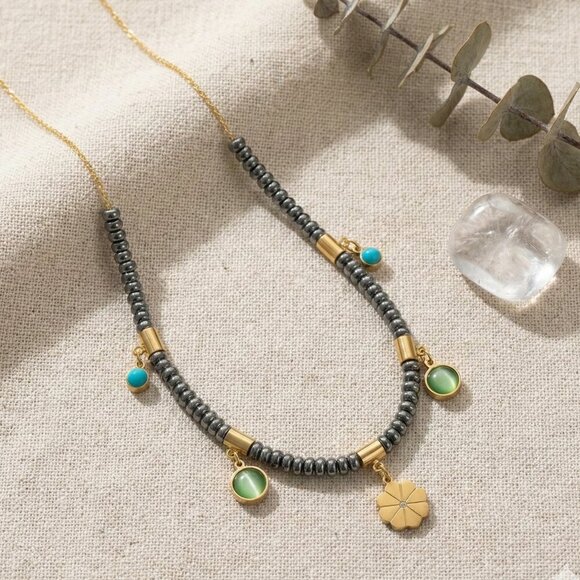 18K Gold Plated Stainless Steel Two-Tone Boho Floral Enamel Charm Necklace Gift - Picture 12 of 17